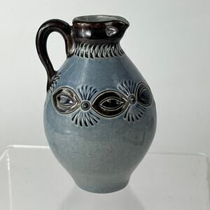 German Blue Flower Oil Cruet Signed Pottery Vintage Unique Tableware Handarbeit